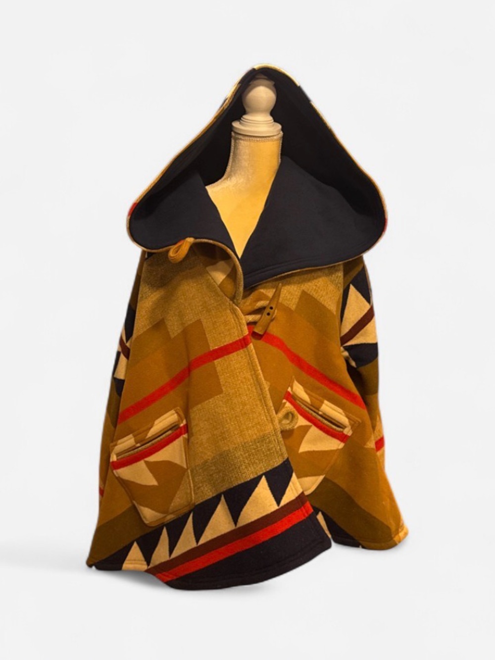 Women’s Hooded Geometric Cape in Mustard with Red & Black Accents